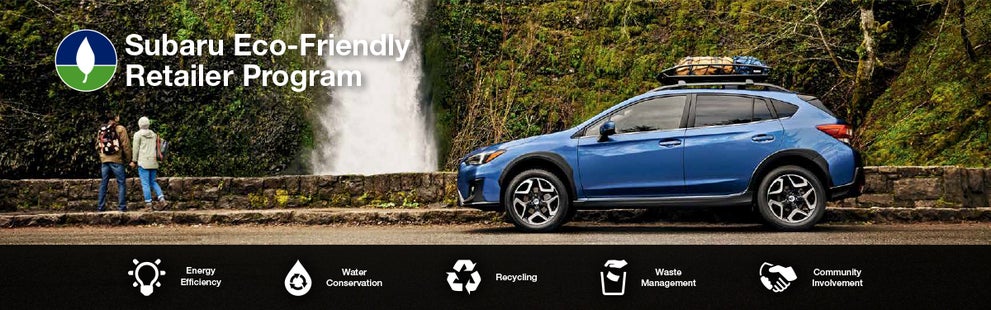 The Subaru Eco-Friendly Retailer Program logo with a blue Subaru and eco icons at bottom. | Thelen Subaru in Bay City MI