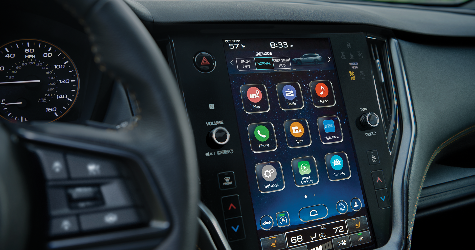 A close-up of the 11.6-inch touchscreen for the STARLINK Multimedia system on the 2023 Outback Wilderness. | Thelen Subaru in Bay City MI